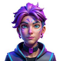 fascinating minimalist Portrait of a non binary person with vibrant purple and blue hair, adorned with intricate face paint, lit by neon lights, cyberpunk style crisp png