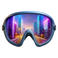 tranquil captivating A pair of augmented reality glasses displaying a vibrant heads up display, reflections of a bustling city street visible in the lenses, hyperrealistic style crisp png