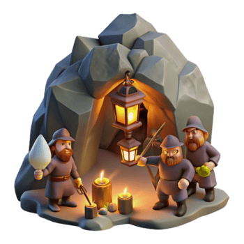 spectacular avant garde A group of dwarves mining for gems in a mountain cave, illuminated by the glow of their lanterns. Tolkien esque style sharp png