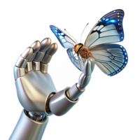 unforgettable retro A robotic hand reaching out to touch a butterfly, intricate gears and wires visible beneath its metallic skin, lit by soft, natural light artisan png