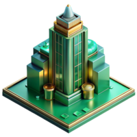 harmonious enchanting Art Deco skyscraper, emerald green and gold accents, volumetric lighting, highly polished surfaces, raining, reflections in puddles, isometric view top tier png