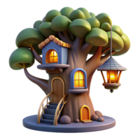 memorable modern A whimsical treehouse with glowing windows and winding staircases, nestled in the branches of a giant oak tree, storybook illustration museum quality png