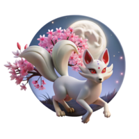 sumptuous dreamy bohemian A playful kitsune with nine tails, frolicking in a field of cherry blossoms under a full moon. Japanese folklore style flawless png