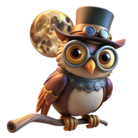 serene dreamy gothic A steampunk owl perched on a gear covered branch, wearing a tiny top hat and goggles, illuminated by a full moon, digital art style luxury png