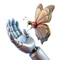 quintessential surreal A robotic hand reaching out to touch a butterfly, intricate gears and wires visible beneath its metallic skin, lit by soft, natural light authentic png