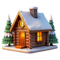 standout surreal A cozy log cabin in a snowy forest, warm interior lighting visible through the windows, rustic style sharp png