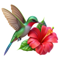 striking peaceful abstract A vibrant hummingbird hovering near a bright red hibiscus flower, with dew drops glistening on its wings, rendered in a photorealistic style with soft natural light refined png