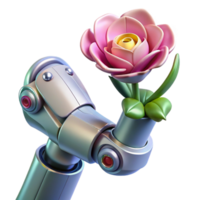 breathtaking acclaimed A close up of a robotic arm holding a delicate flower, contrasting textures, surreal style png
