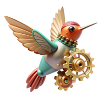 gorgeous whimsical avant garde A miniature steampunk robot hummingbird, hovering amidst gears and cogs, delicate and intricate, soft studio lighting handcrafted png