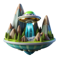 memorable geometric A spaceship landing on a lush, alien planet, waterfalls cascading down towering mountains. Matte painting style. Natural lighting original png