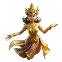 sumptuous exemplary A beautiful Apsara dancing in the clouds, adorned with flowing silks and jewels, illuminated by the golden light of sunrise. Cambodian mythology style png