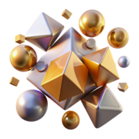 impressive quintessential A field of floating, geometric primitives cubes, spheres, cones with a metallic texture, illuminated by a sharp, directional light source from above png