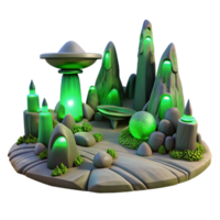 peaceful dazzling A desolate alien landscape with strange rock formations, eerie green lighting, otherworldly atmosphere, science fiction style, detailed png