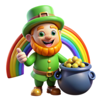 radiant reflective classic A mischievous leprechaun guarding a pot of gold at the end of a rainbow, vibrant colours, cartoon style crisp png