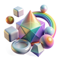 extraordinary iconic A field of floating, geometric primitives, with a translucent material and a rainbow color scheme. Softbox lighting png