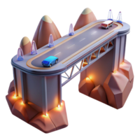 vibrant unparalleled A futuristic bridge spanning a vast canyon, sleek design, glowing lights, flying cars png