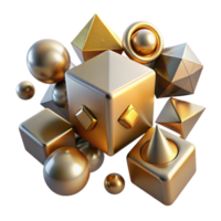 remarkable artistic A field of floating, geometric primitives cubes, spheres, cones with a metallic texture, illuminated by a sharp, directional light source from above perfect clarity png