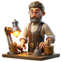 wonderful tranquil classic A portrait of a steampunk inventor in his workshop, surrounded by tools and gadgets, illuminated by the warm glow of a forge and the soft light of a desk lamp sharp png