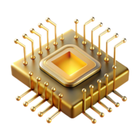 exceptional surreal A single microchip, magnified to enormous scale, intricate pathways glowing with golden light, viewed from a microscopic perspective, rendered in a photorealistic style elite png