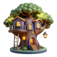 calm extraordinary A whimsical treehouse with glowing windows and winding staircases, nestled in the branches of a giant oak tree, storybook illustration ultra HD png