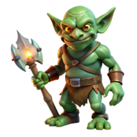 magnificent standout A grotesque goblin with warty green skin wielding a rusty axe, dimly lit by a single torch, in a gritty dark fantasy style png