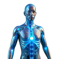 remarkable bohemian A transparent human figure, its internal organs replaced with glowing circuitry, illuminated by a cool, blue light, cyberpunk style studio quality png