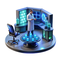 distinguished surreal A lone scientist working in a futuristic laboratory, surrounded by glowing screens and complex equipment. Cool, blue lighting. Cyberpunk style handcrafted png