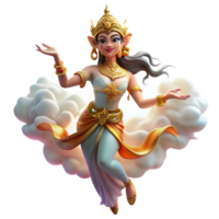 dramatic renaissance A beautiful Apsara dancing in the clouds, adorned with flowing silks and jewels, illuminated by the golden light of sunrise. Cambodian mythology style gallery standard png