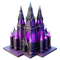 beautiful retro A towering gothic cathedral made of obsidian glass, illuminated by internal neon purple lights, art deco style museum quality png