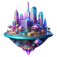 signature elegant A futuristic floating city, holographic neon signs, vibrant cyberpunk palette, high contrast lighting, sleek metallic architecture, flying vehicles, perspective from below 8K png