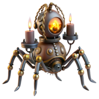 extraordinary classic A steampunk automaton shaped like a mechanical spider, crawling across a web of intricate gears, illuminated by a flickering candle. Spooky lighting, gothic style exclusive png