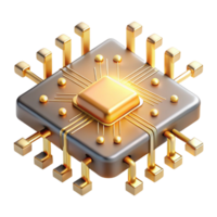 dynamic elegant A single microchip, magnified to enormous scale, intricate pathways glowing with golden light, viewed from a microscopic perspective, rendered in a photorealistic style luxury png