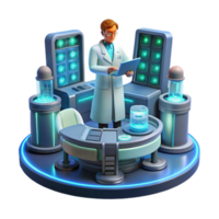 reflective pristine A scientist working in a futuristic laboratory, surrounded by glowing screens and complex machinery, cool lighting, realistic style 8K png