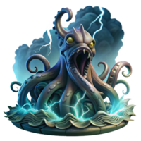 remarkable abstract A powerful kraken emerging from a stormy sea, tentacles thrashing, lightning illuminating the scene. Digital painting, dramatic style genuine png