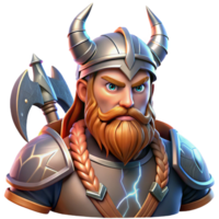 extraordinary passionate urban Portrait of a fierce Viking warrior with braided beard, horned helmet, and battle axe, lit by lightning strikes, in a dynamic style flawless png