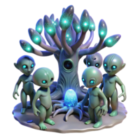 elegant distinguished A group of alien creatures with iridescent scales, gathered around a bioluminescent tree, ethereal lighting, fantasy art style png