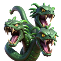 dramatic notable A terrifying hydra, each head hissing and snapping, swampy background, dark fantasy style, sickly green lighting png