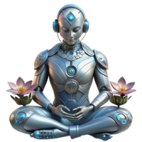 distinctive renaissance A cyborg with intricate floral patterns etched into their metallic skin meditates in a zen garden on a futuristic space station. Cyberpunk style, soft lighting exclusive png