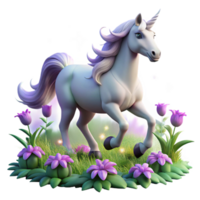 wonderful unforgettable A majestic unicorn with a silver mane and horn galloping through a field of ethereal, glowing flowers, soft, dreamy lighting, fantasy art style png