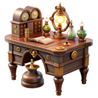 romantic dazzling A sophisticated steampunk writing desk, with intricate clockwork mechanisms and hidden compartments, soft, warm lighting, victorian style crisp png