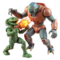 calm splendid A giant robot battling a colossal alien creature in a futuristic cityscape, dynamic action pose, explosive lighting, rendered in a comic book style handcrafted png