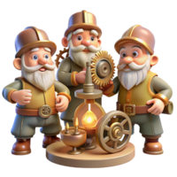 tranquil vibrant A group of gnomes crafting intricate clockwork devices in a dimly lit workshop, warm candlelight, detailed and steampunk style high resolution png