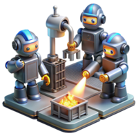 passionate impressive A group of robots, working in a futuristic factory, illuminated by the sparks of welding torches. Industrial lighting, dystopian style exclusive png
