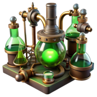 striking playful contemporary A steampunk laboratory filled with bubbling beakers, sparking wires, and intricate brass instruments, eerie green lighting, gothic style luxury png