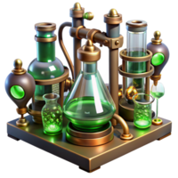 sought after impressionist A steampunk laboratory filled with bubbling beakers, sparking wires, and intricate brass instruments, eerie green lighting, gothic style high quality png