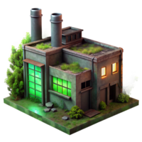 intense dazzling An abandoned factory with broken windows, rusted metal, overgrown with weeds, eerie green light authentic png