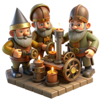splendid peaceful mid century A group of gnomes crafting intricate clockwork devices in a dimly lit workshop, warm candlelight, detailed and steampunk style premium png