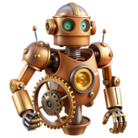magnificent timeless An intricate, clockwork robot, with gears and springs exposed, meticulously repairs a damaged spaceship in a dimly lit hangar. Steampunk style png