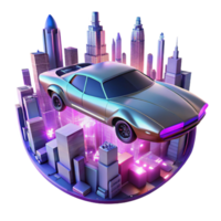 harmonious exquisite A futuristic flying car hovering above a neon lit cityscape, cyberpunk style, ray tracing authentic png