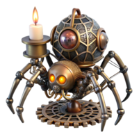 dramatic geometric A steampunk automaton shaped like a mechanical spider, crawling across a web of intricate gears, illuminated by a flickering candle. Spooky lighting, gothic style 8K png